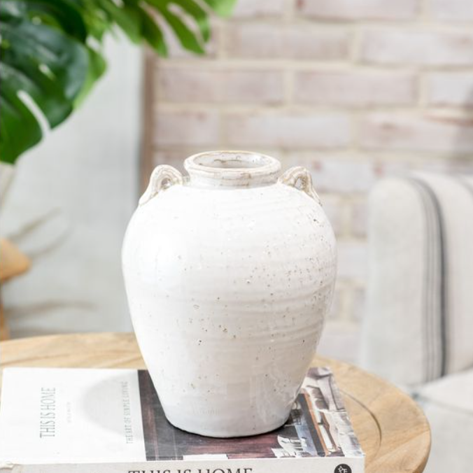 8.6" WHITE CERAMIC HANDLE VASE