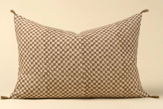 16x24 Block Print Check Linen Pillow, Brown