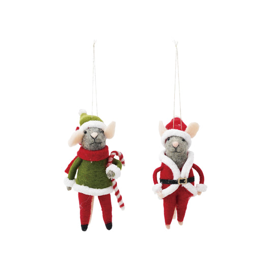 Handmade Wool Felt Mouse in Santa/Elf Outfit Ornament