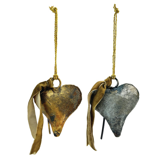 Metal Heart Shaped Bell Ornament w/ Brown ribbon