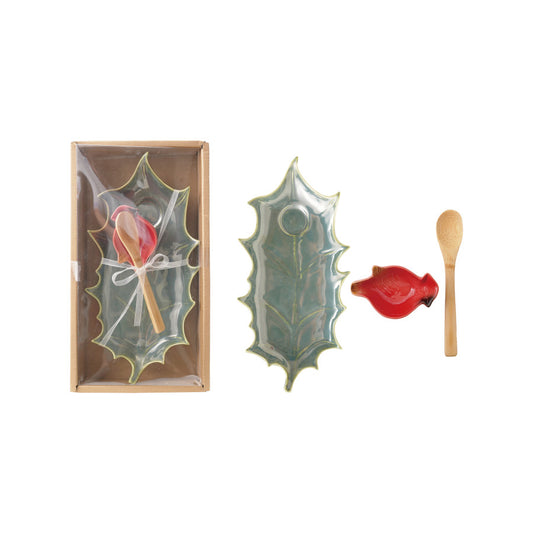 S/3 11-1/4"L Stoneware Leaf Plate Bird Dish & Bamboo spoon