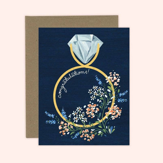 Navy Floral Congratulations Ring Engagement Card
