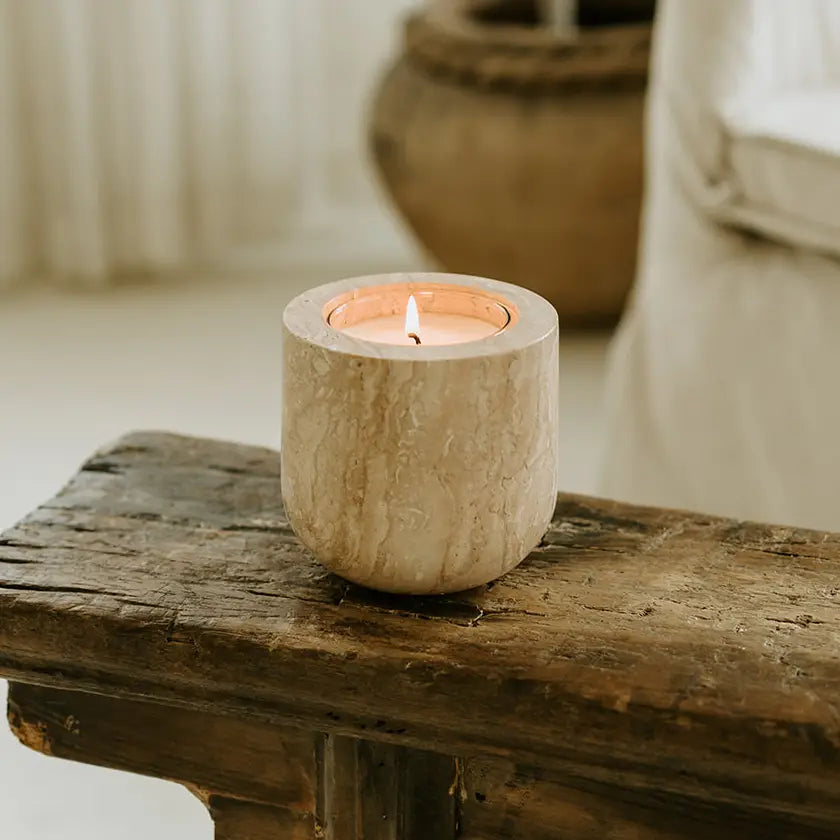 Beige Travertine Refillable Stone Candle