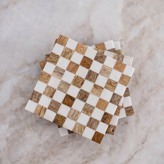 Checkered Wood & Resin Coasters (4pcs)