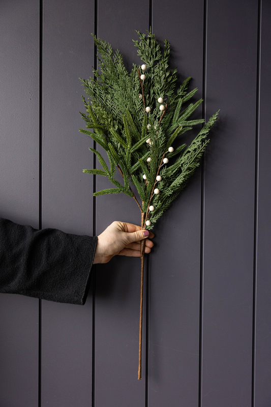 White Plum Berry Norfolk Cypress Touch Green Faux Stems