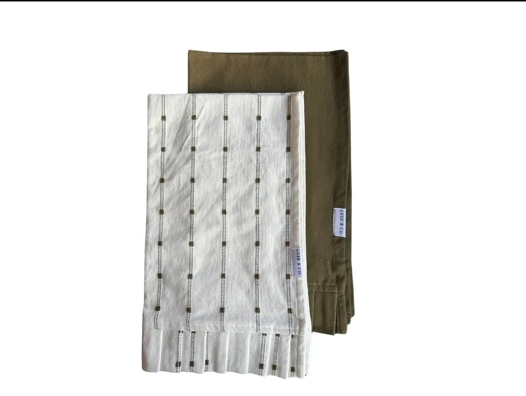 White embroidery olive green stripes ruffle kitchen dish towel