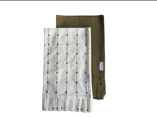 White embroidery olive green stripes ruffle kitchen dish towel