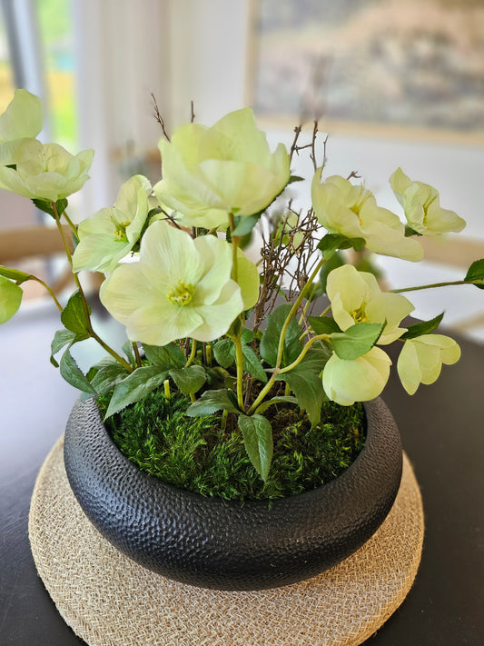 Faux Hellebores Moss Bowl Table Arrangement