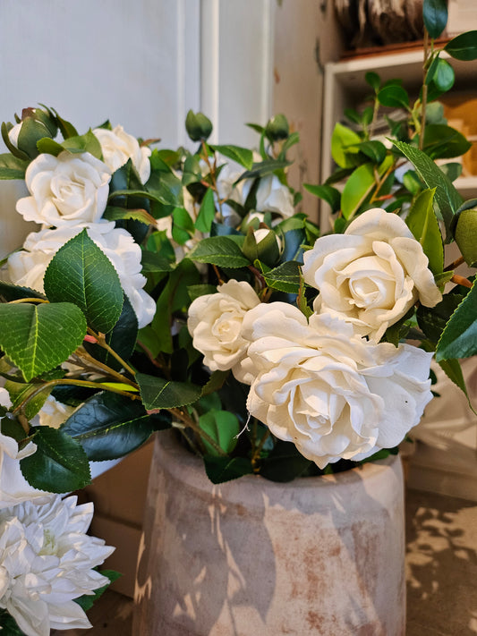 28" Artificial Camellias Flowers Branch in White